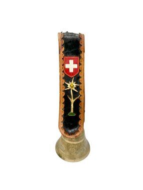 Vintage Swiss Gusset Brass Cow Bell With Edelweiss and Original Leather Strap